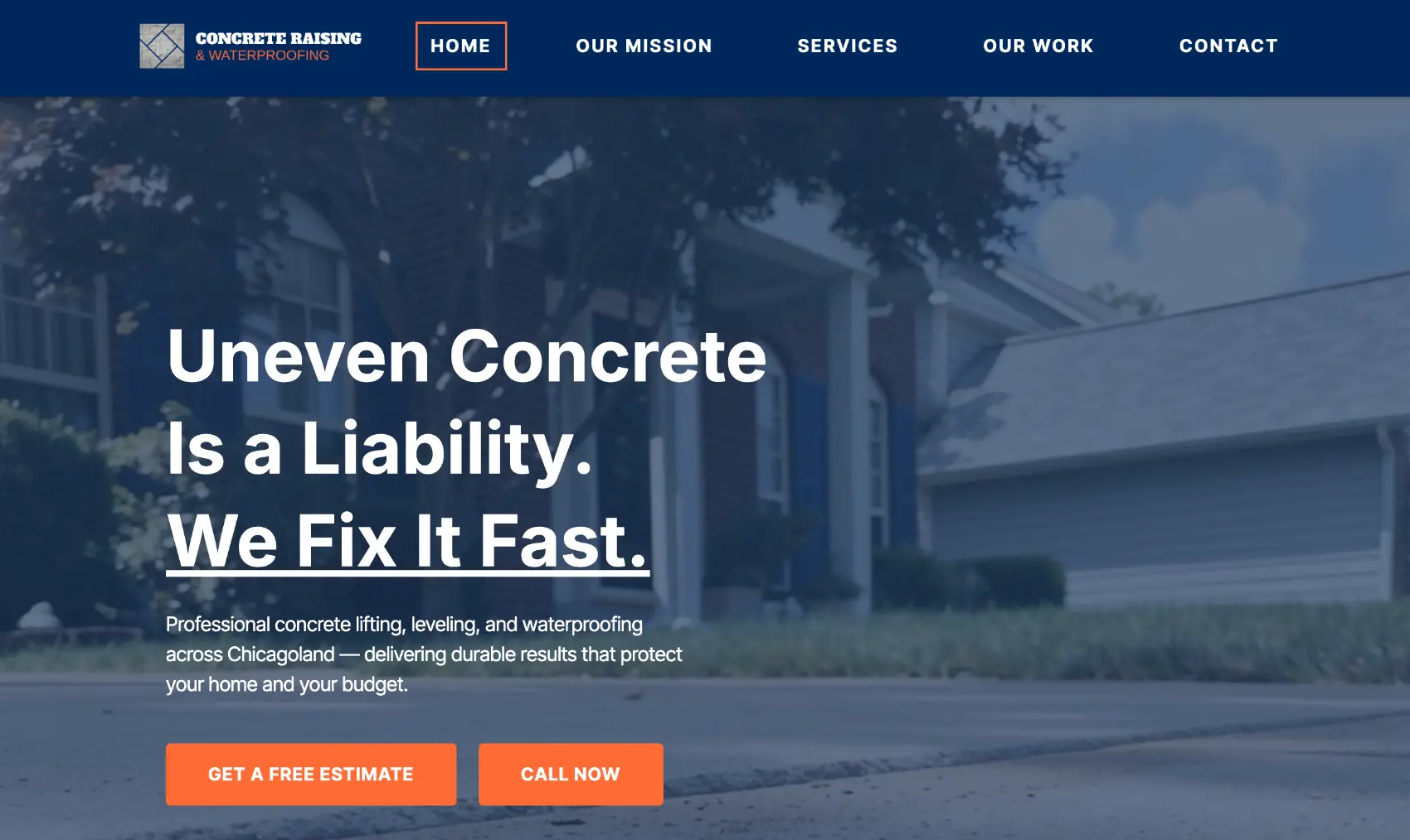 Screenshot of a concrete raising and waterproofing homepage with a navy header, a house photo, and a headline about uneven concrete